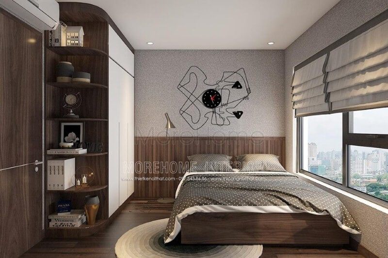 Giường ngủ hiện đại độc đáo với chất gỗ công nghiệp vân óc chó sang trọng.